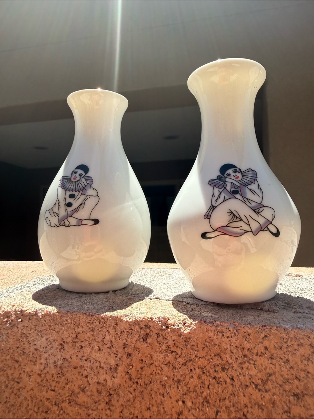 1980s Retro Pierrot Harlequin Mime Bud Vases - Small Ceramic Duo